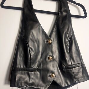 Black Faux Leather Halter Vest Gold Buttons